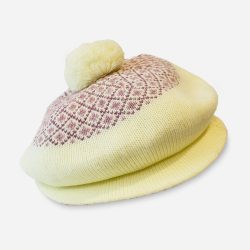 Yellow knit cap with brim, pom