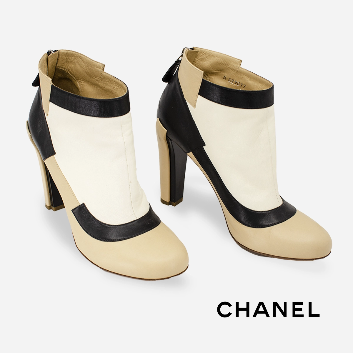 Cream, white & black Chanel ankle boots