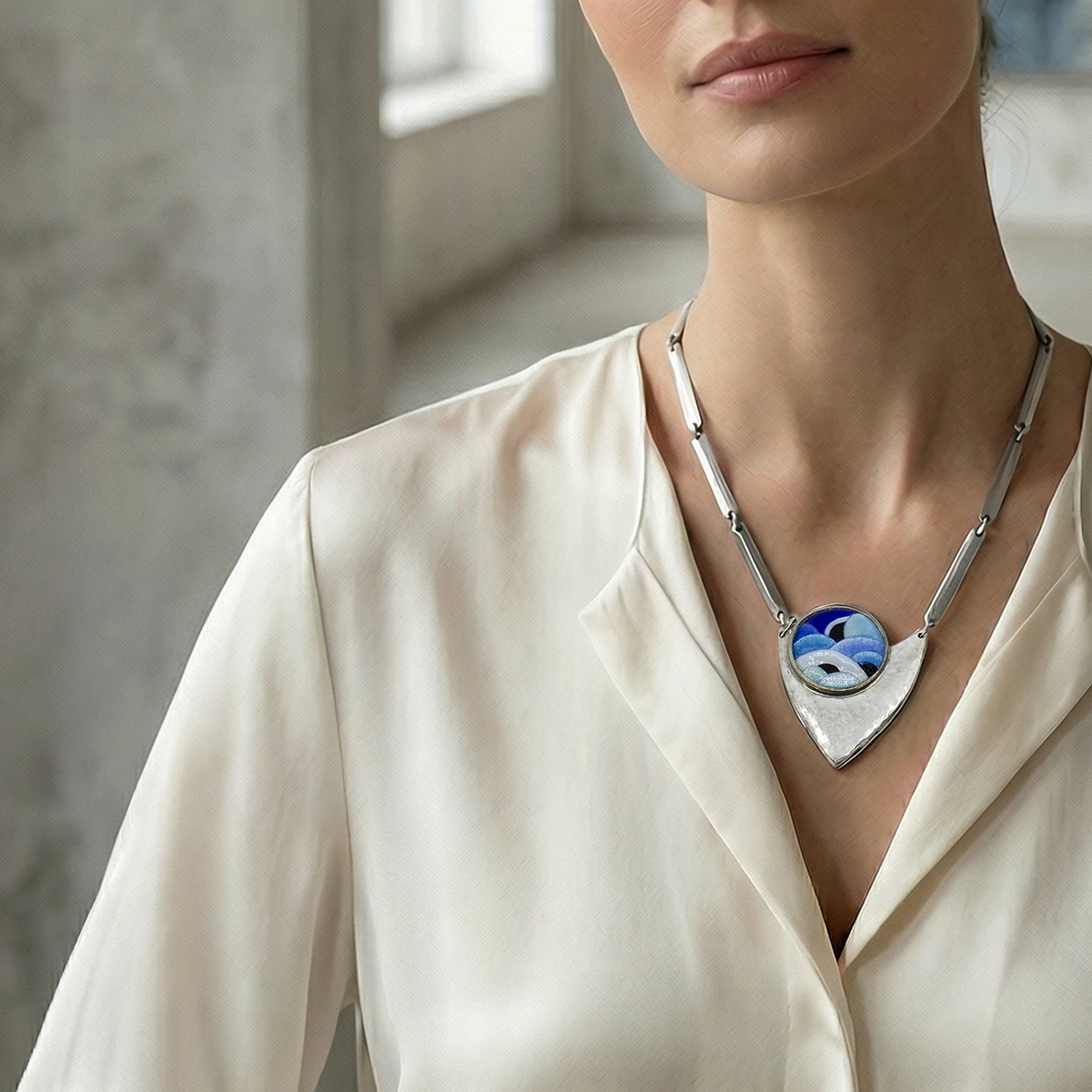 Vintage sterling limoge glass necklace