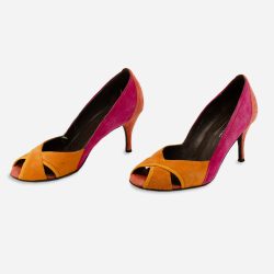 Donald Pliner suede high heel pumps, orange and pink