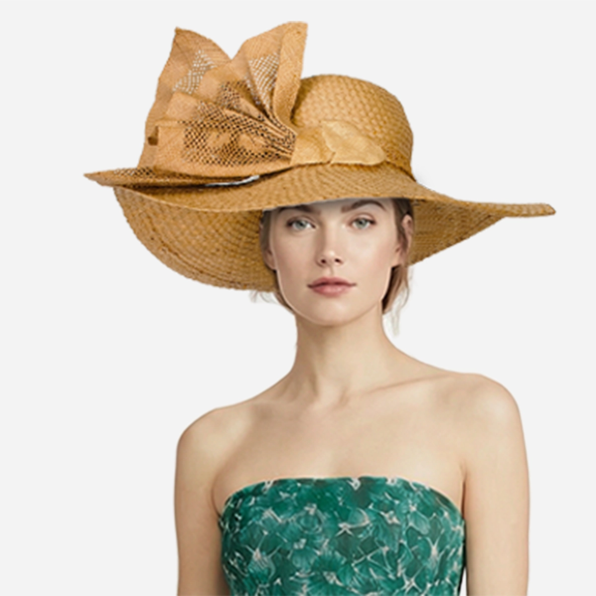 Vintage straw lace wide brim hat on model
