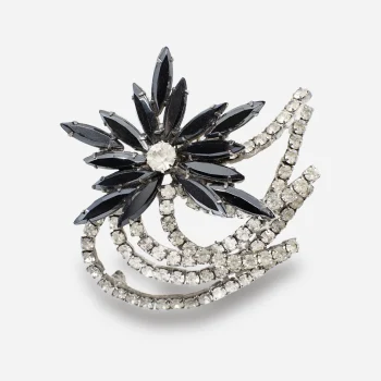 1970s Charcoal Gray Rhinestone Floral Brooch