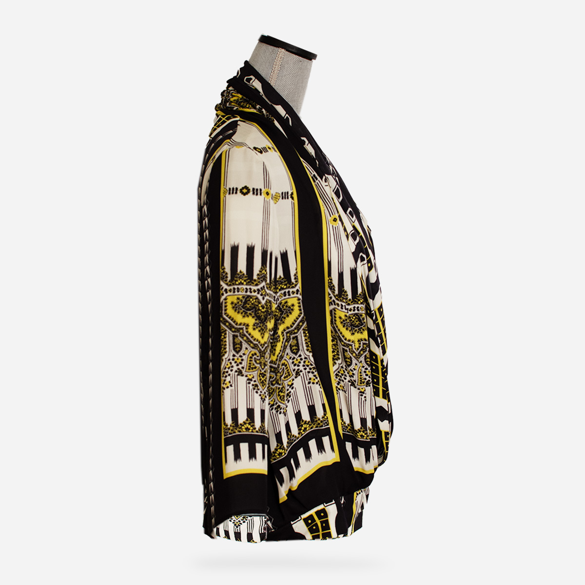 vintage black and yellow silk drape front blouse. by Etro