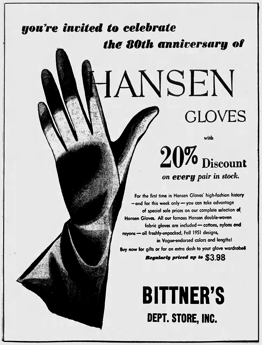 hansen gloves advertisment 1951. Celebranting 80th year