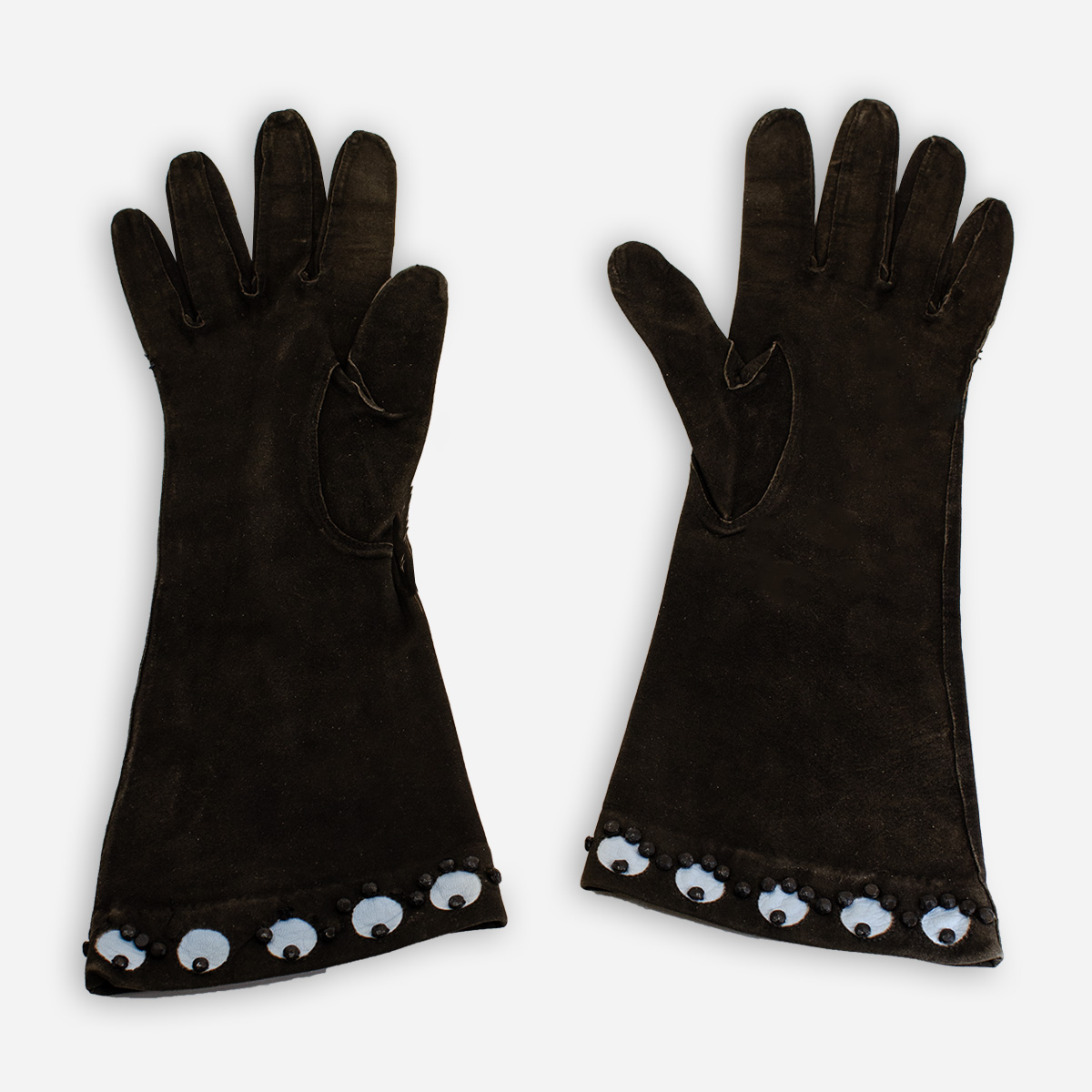 Vintage Brown Suede Cocktail Gloves, Blue Beaded Trim