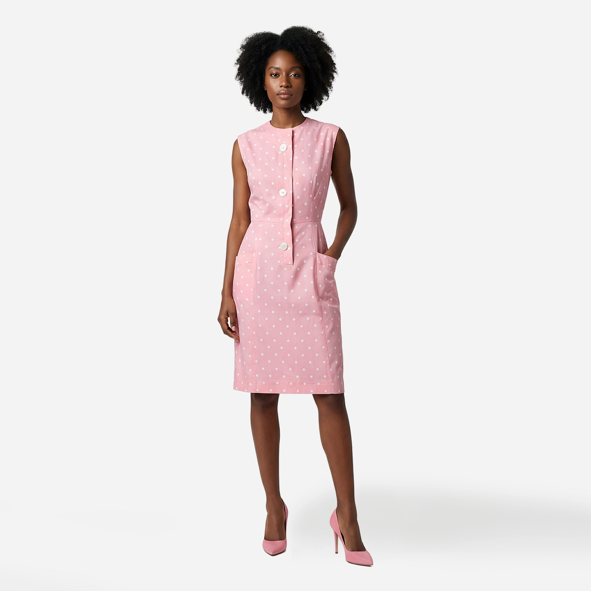 1960s pink polka dot dress on model
