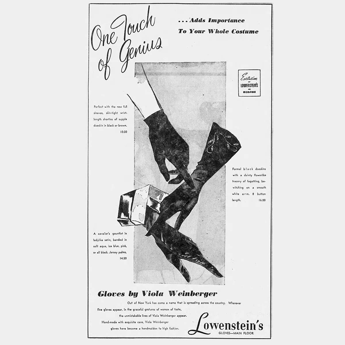 Viola Weinberger gloves Lowensteins, 1955 advertisement