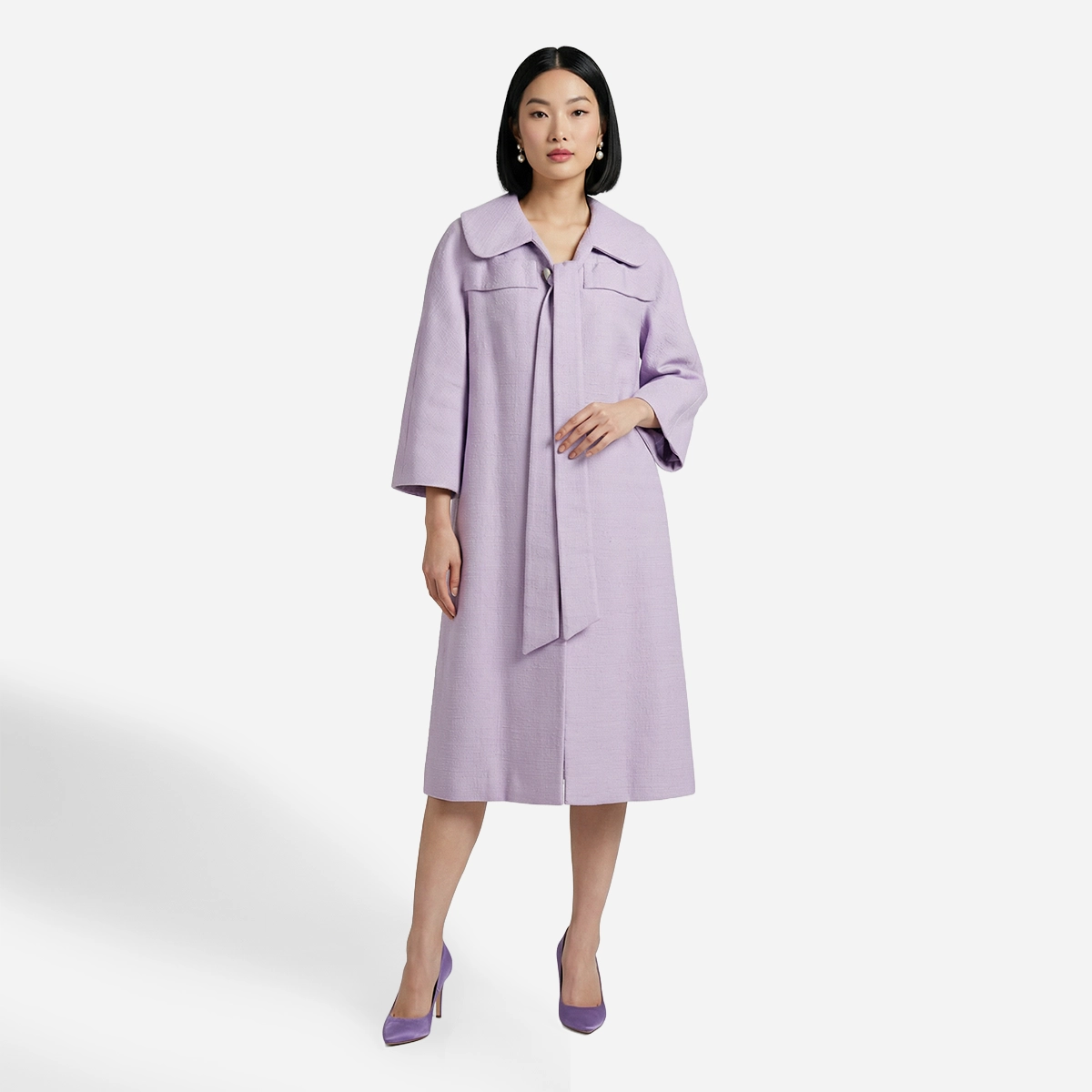 Lavender raw Silk coat with model