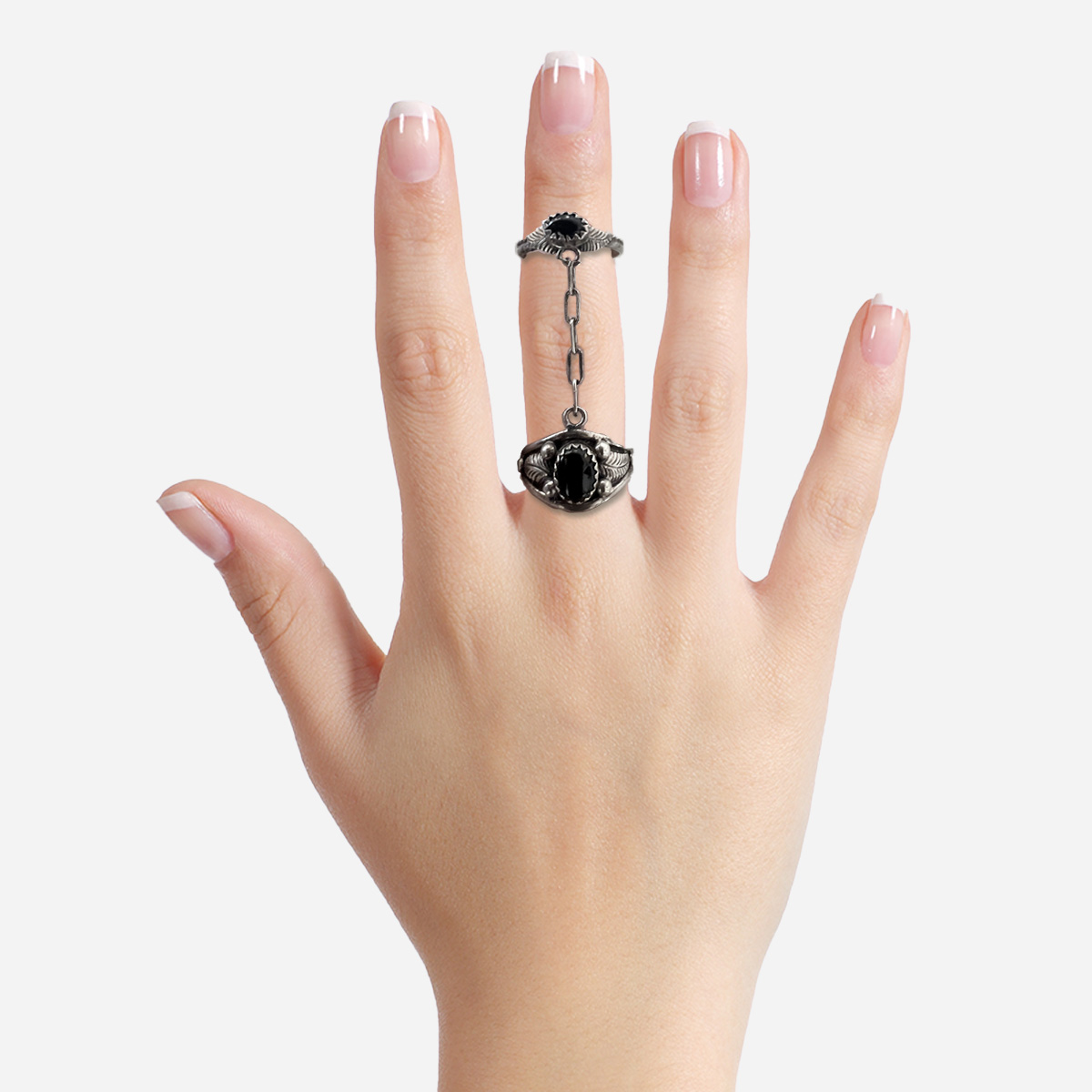 Vintage sterling silver double onyx ring with chain