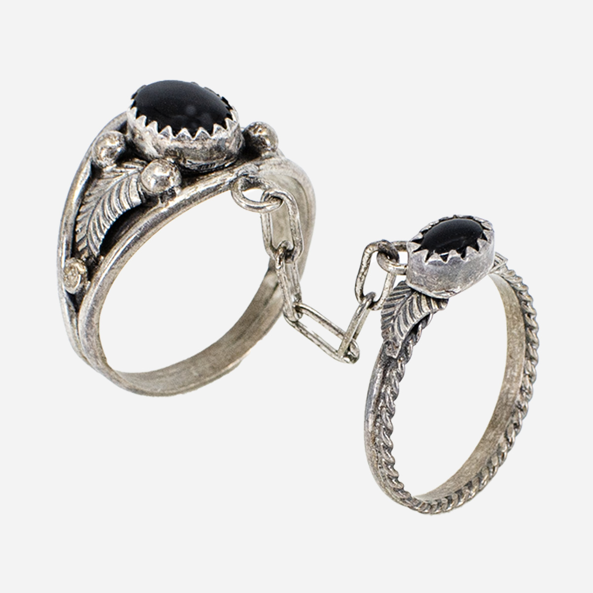 Sterling Silver Double Onyx Ring with Chain
