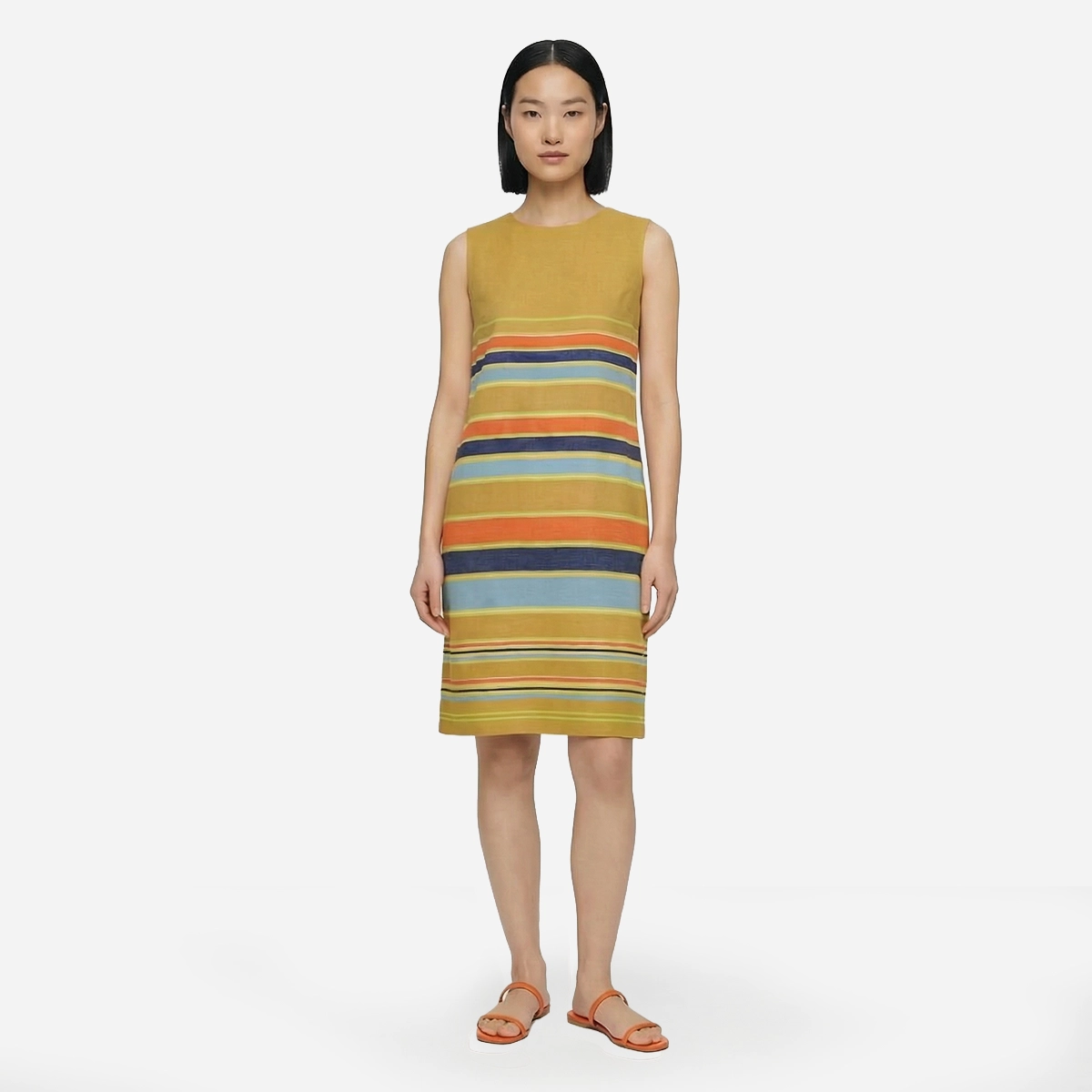 French mini stripe dress on model