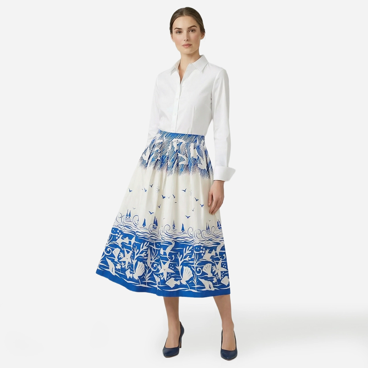French Nautical blue and white Print skirt on model