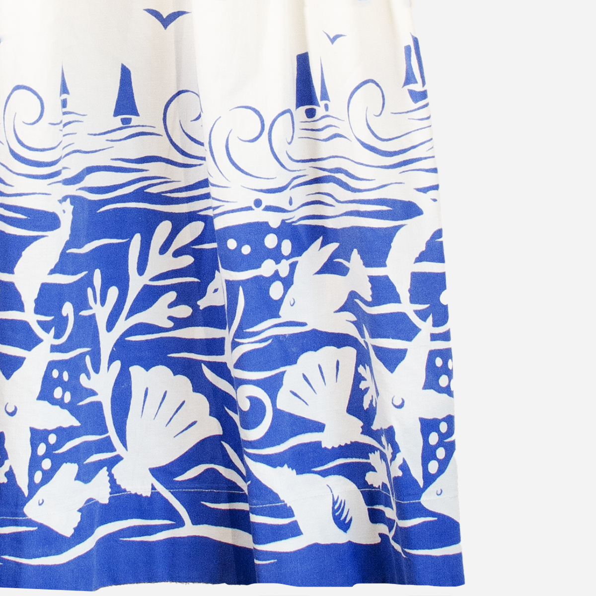 vintage Sea print skirt, blue and white, seahorse, starfish, seashells