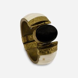 Vintage tribal bone clamper bracelet with black onyx center