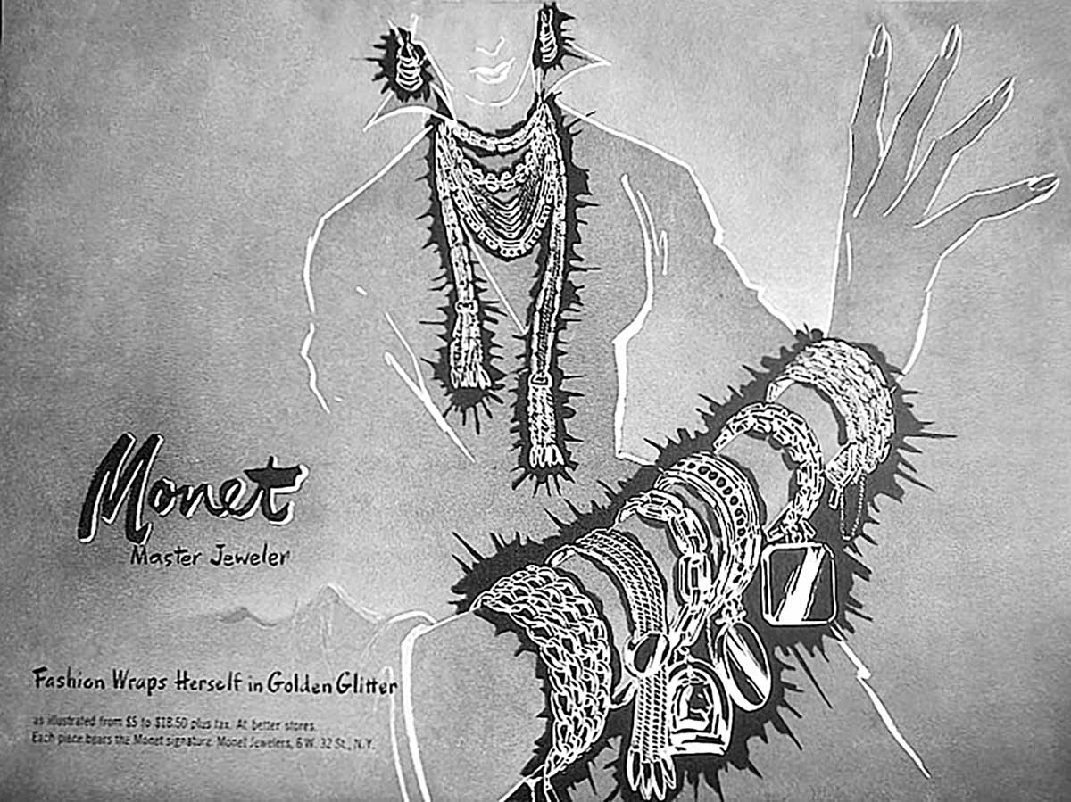 1951 MONET Ad Fashion Wraps Herself in Golden Glitter Bracelets Necklaces