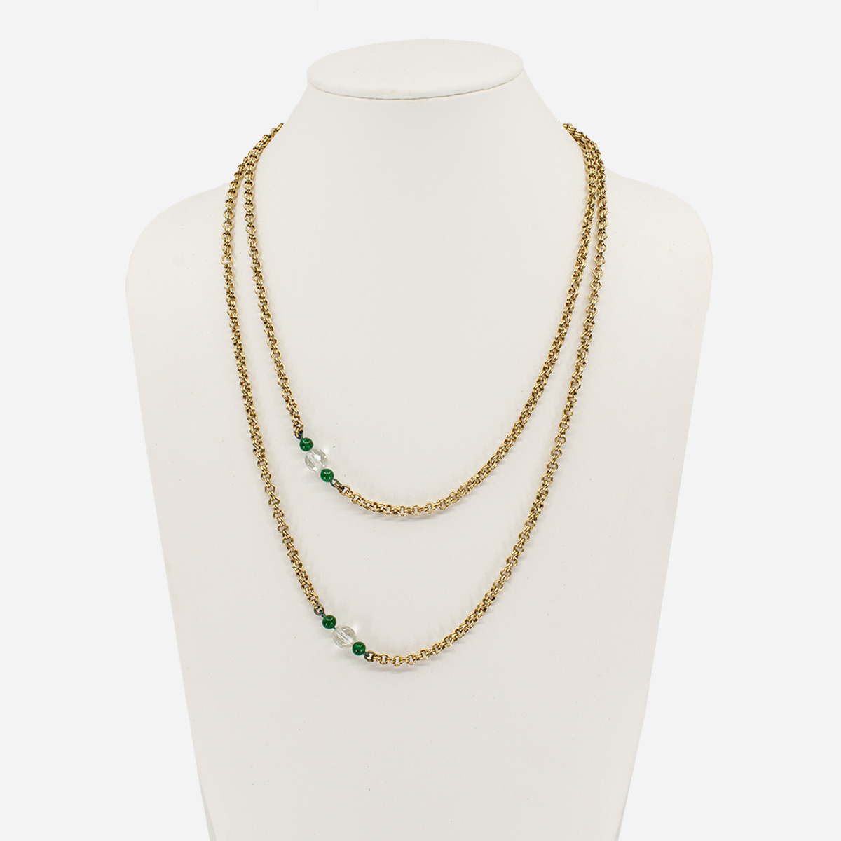 Vintage long gold chain necklace green beads