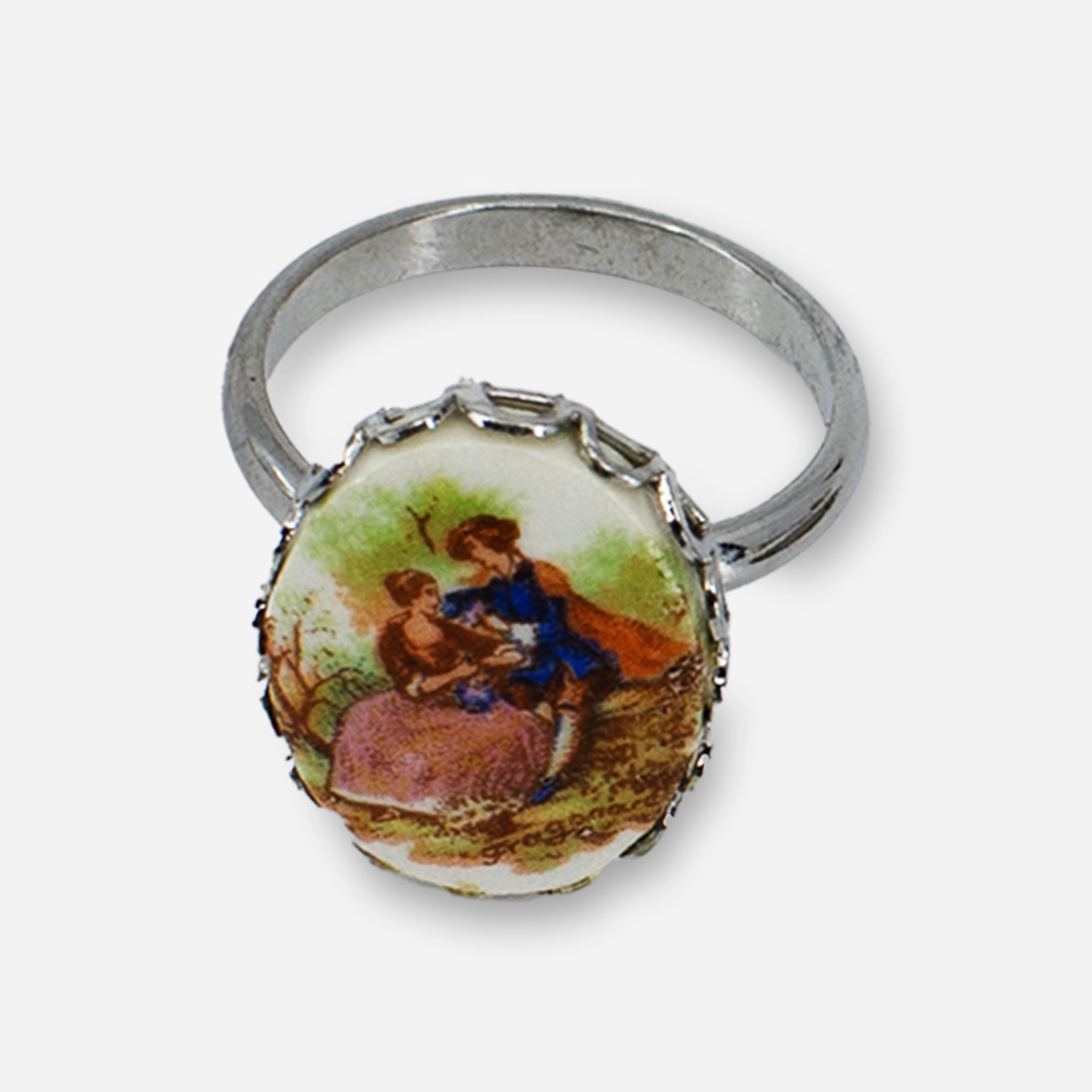 vintage 1960s Fragonard cameo ring, romantic couple, silver band