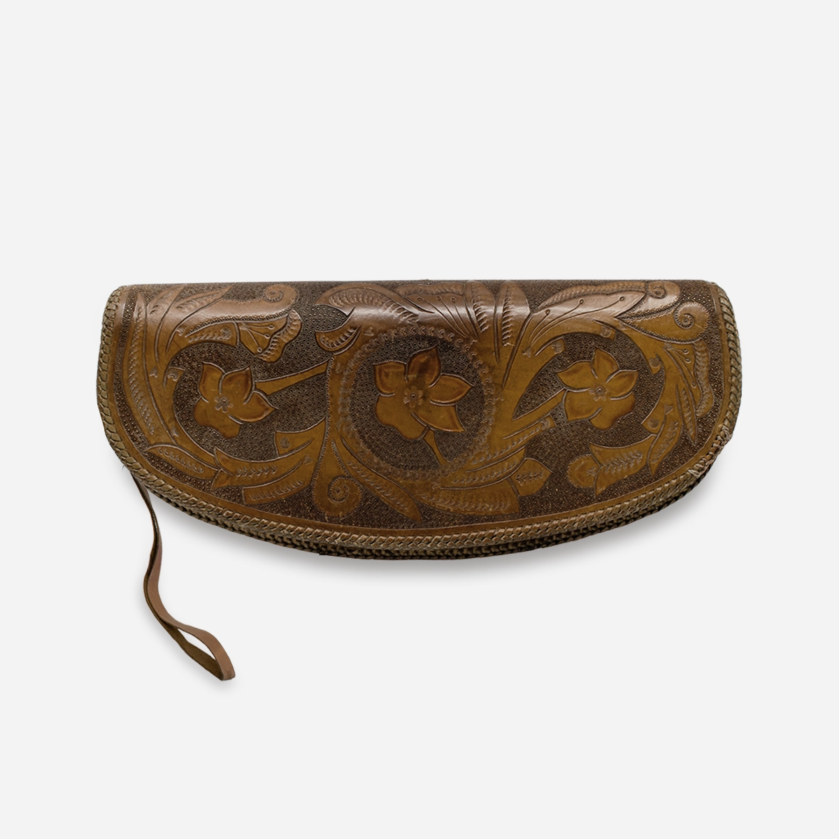 Handtooled brown leather clutch