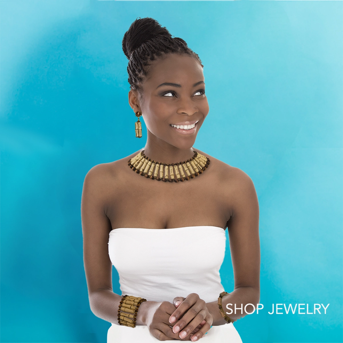 Shop vintage jewelry. Modeling wearing vintage Miriam Haskell jewelry set