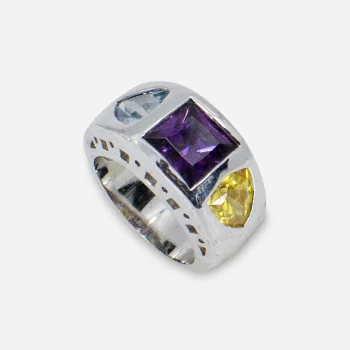 Modernist crystal ring in silver with citrine, amethyst & topaz-hued crystals. Bold geometric design. Size 5.5.