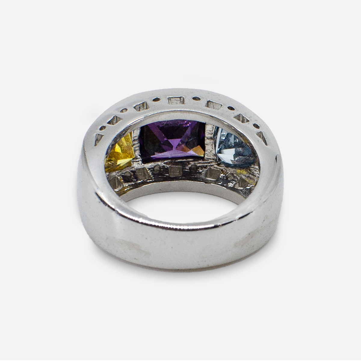 Modernist crystal ring in silver metal band