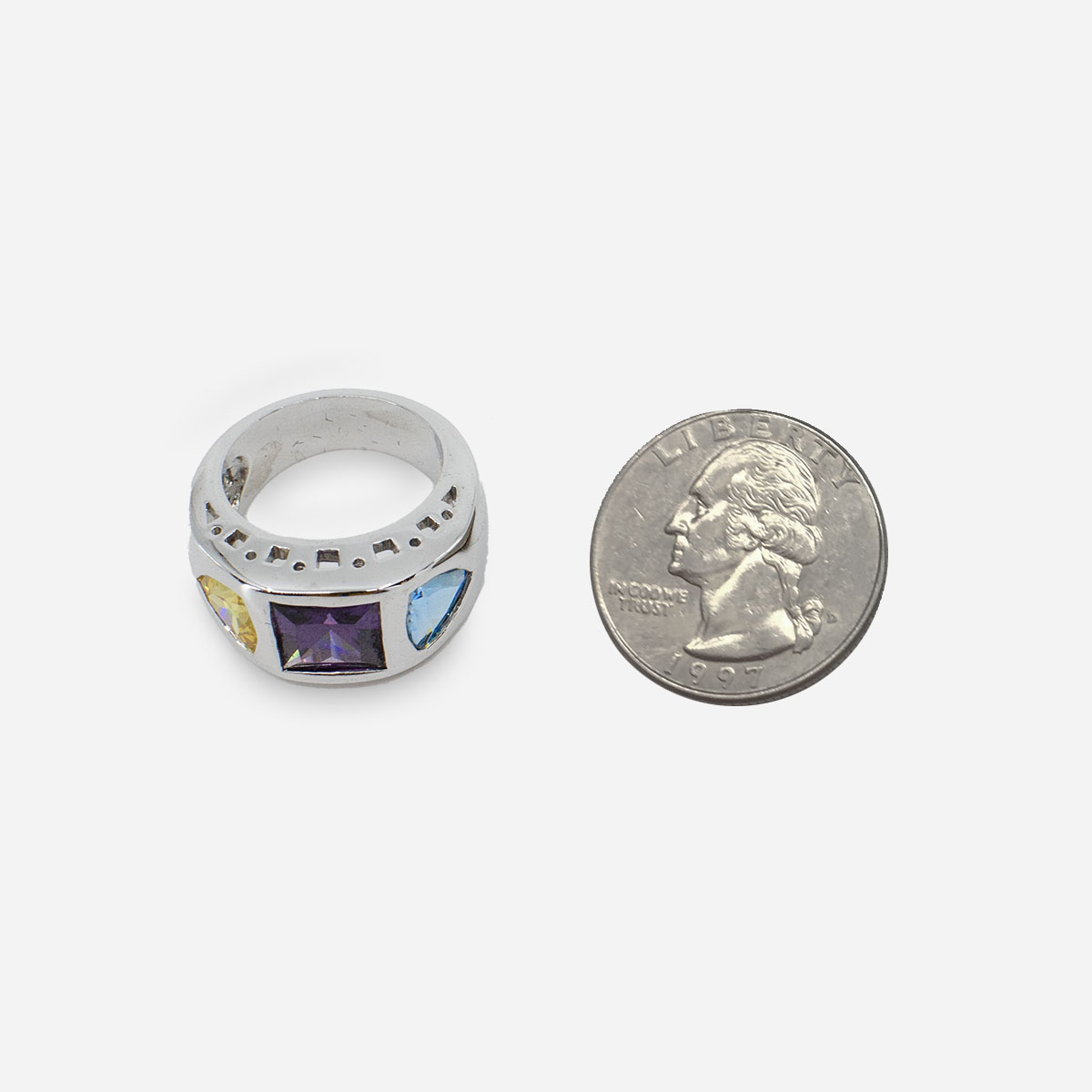 modernist three crystal ring, silver band