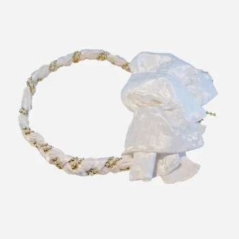 White & Gold Damask Headband, Large Bow | Wedding Ready