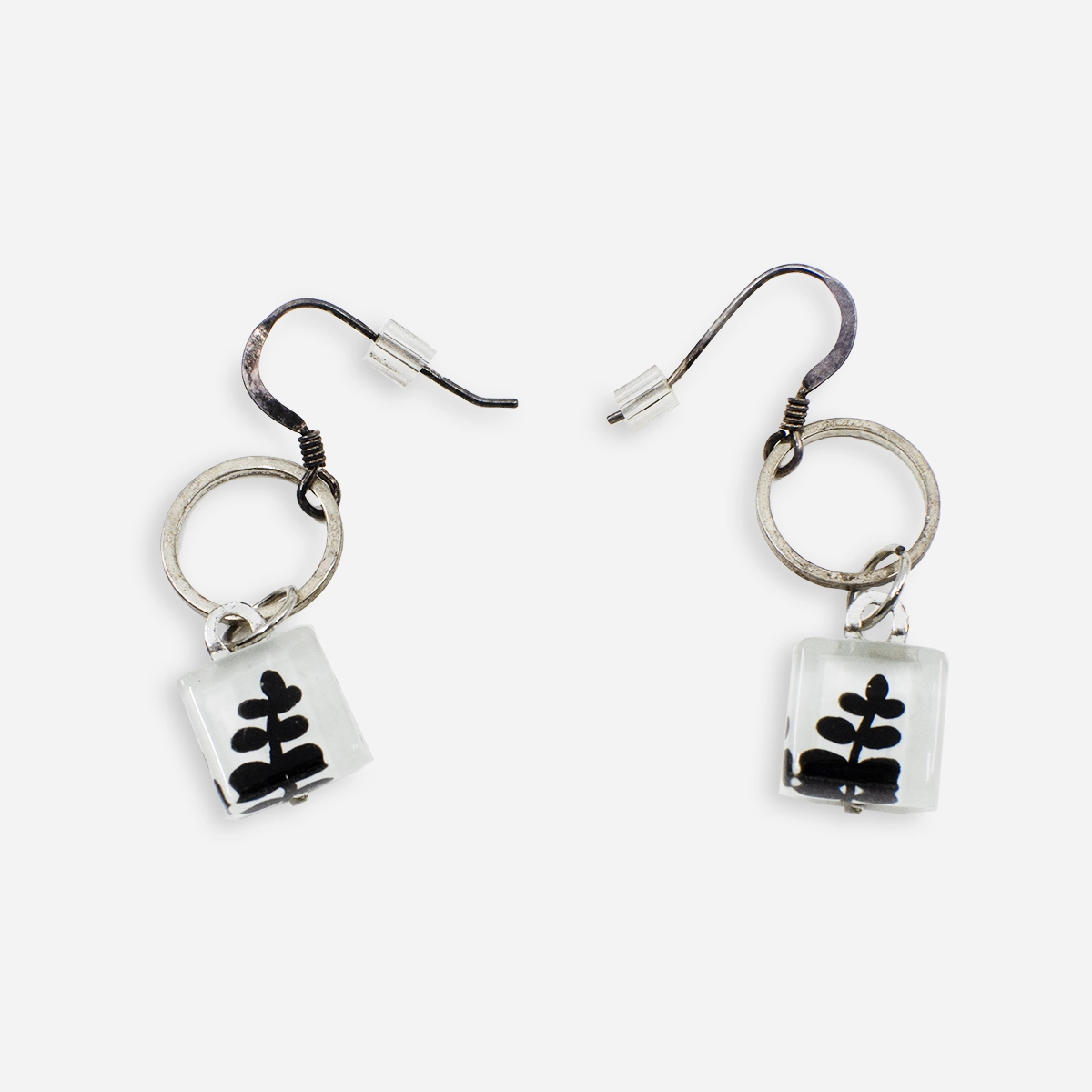 Square glass dangle earrings, black fern