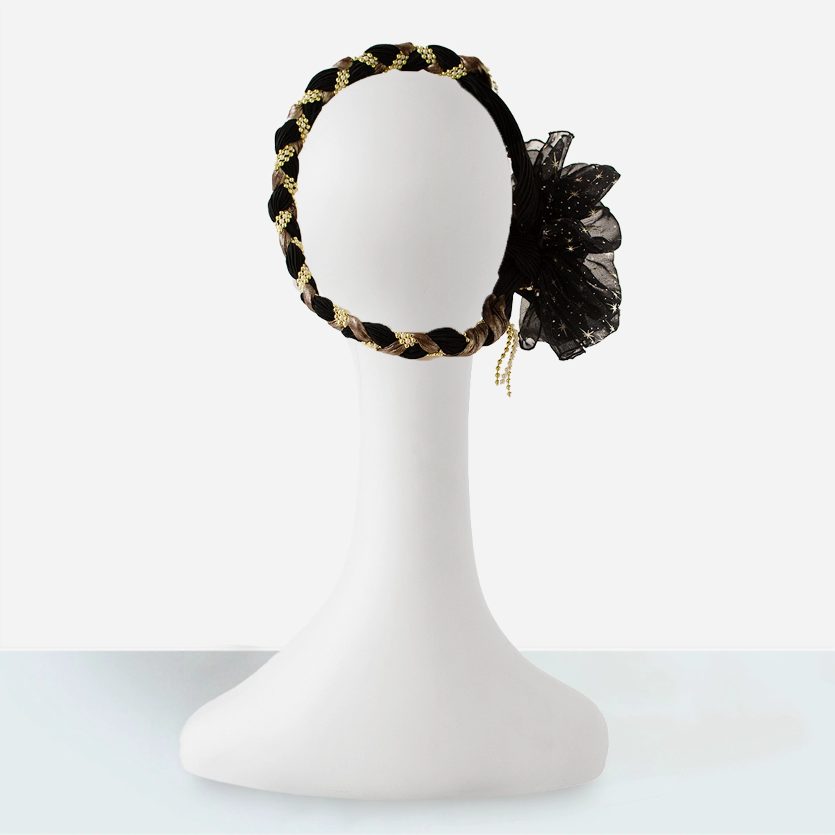 black and gold braided headband with bow