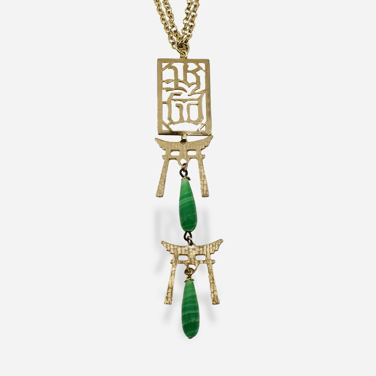 Gold Asian Style Necklace, Green Glass Dangles