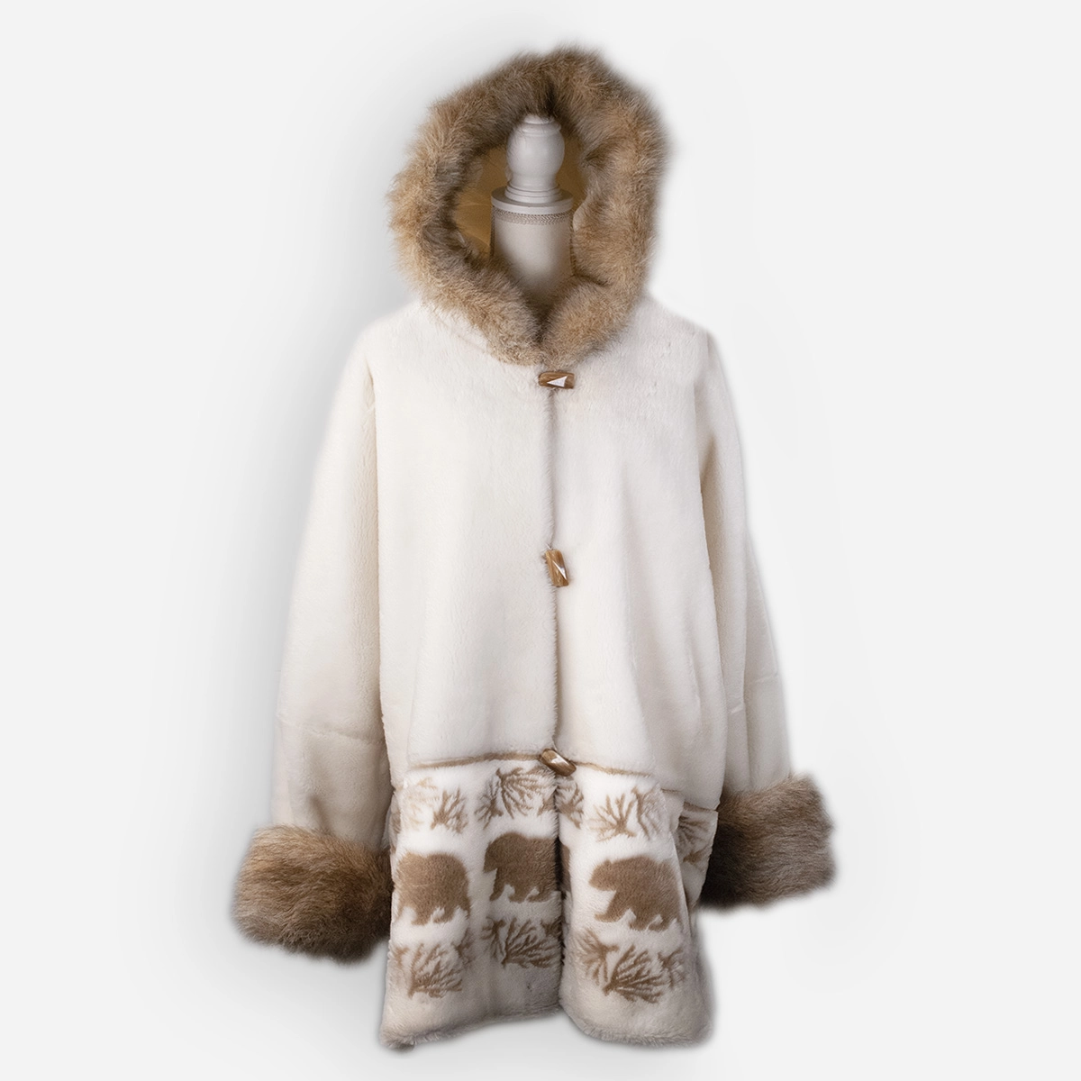 white faux fur coat with hood