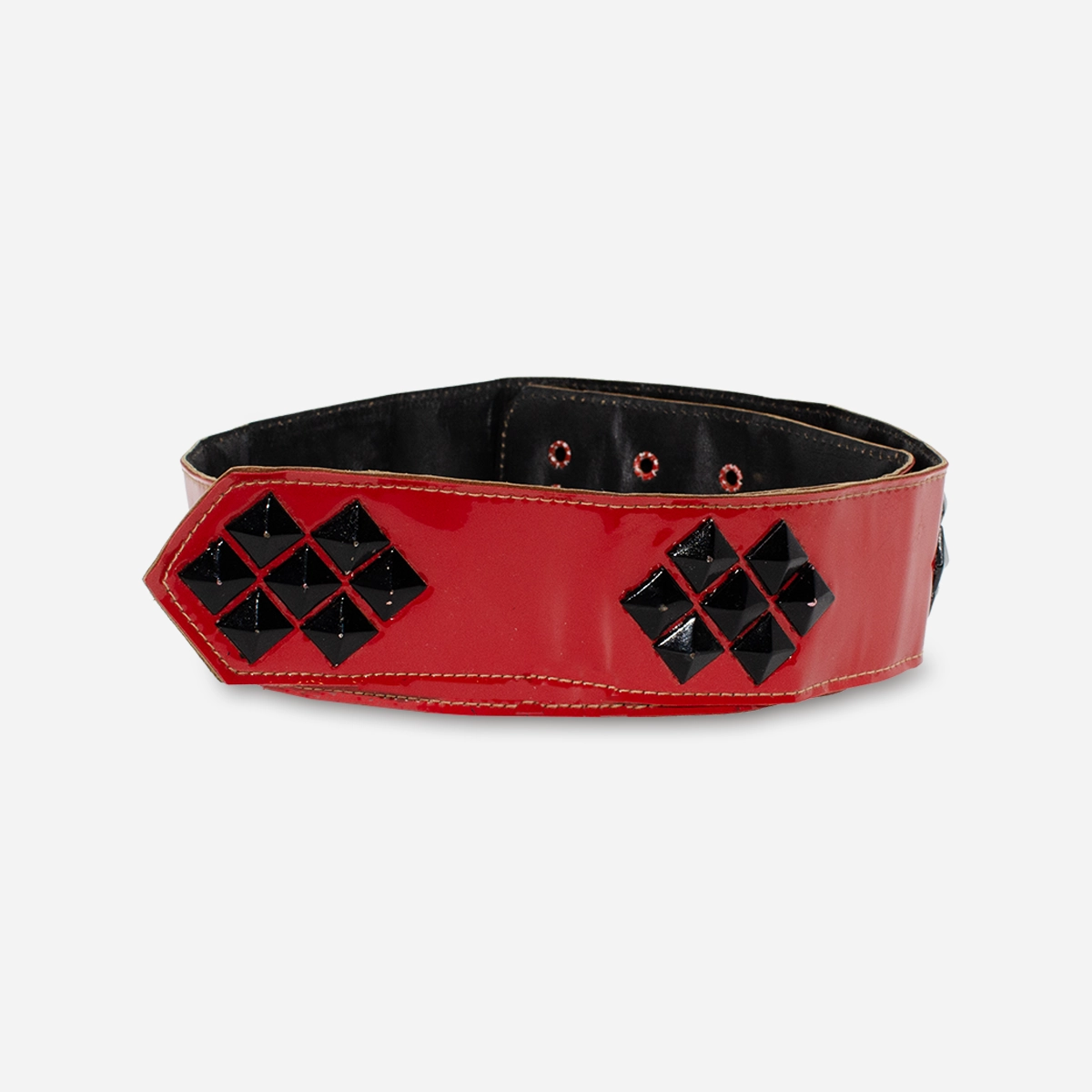 Red patent leather belt, black studs