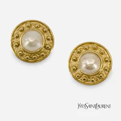 Signed YSL pearl & gold button earrings
