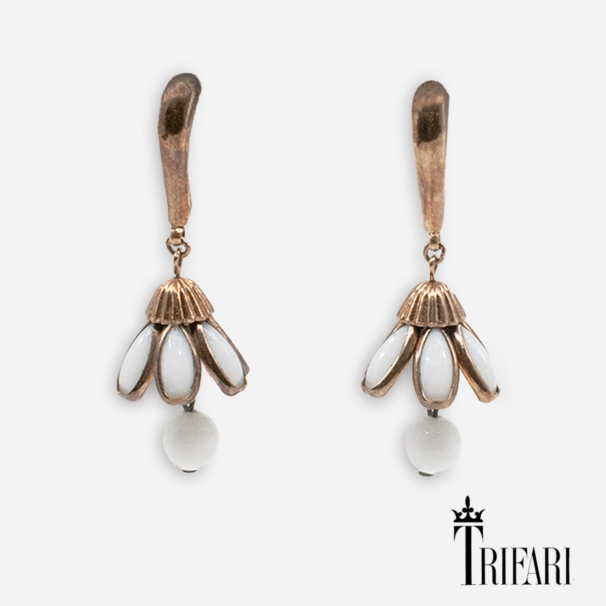 Trifari white milk glass dangle earrings