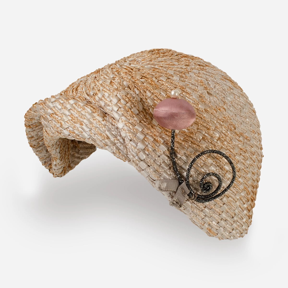 1950s Straw Close Hat | Striking Swirl Weave - Pink Satin Flower Bud