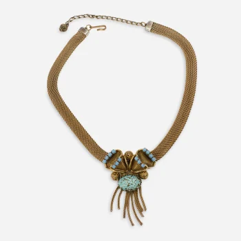 1950s Gold Mesh Fringe Necklace | Turquoise Cabochon Pendant