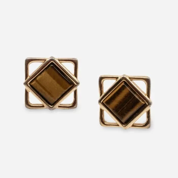 Tiger’s Eye Cufflinks | 1970s Geometric Gold-tone Glow