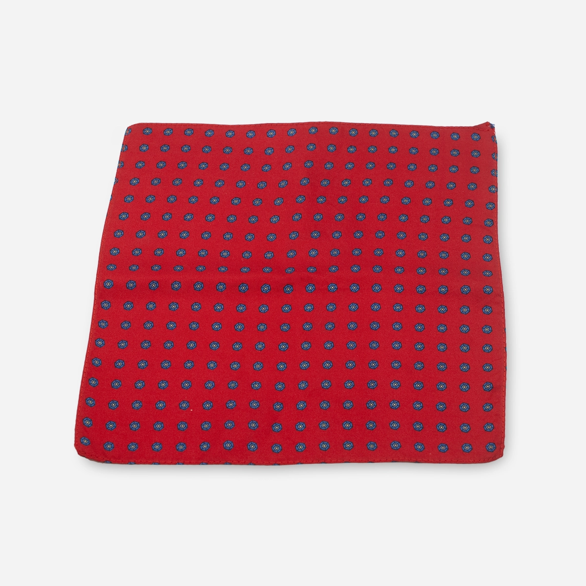 1970s Red pocket square with blue medallion dot print