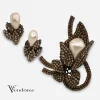 50s Vendome Japanned Brooch & Earrings 50s signed Vendome Baroque Pearl and amber rhinestone set