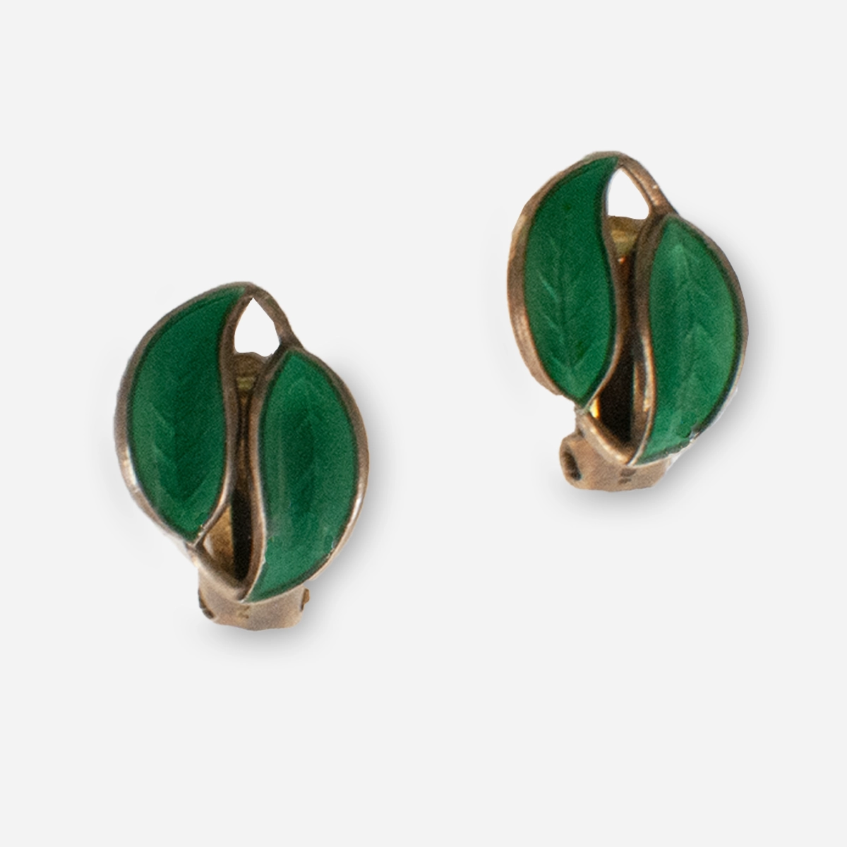 David Andersen green Guilloché enamel leaf clip earrings
