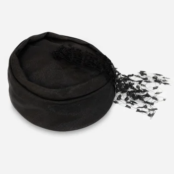1960s Black Linen Turban Hat | Netted Tassel Drama
