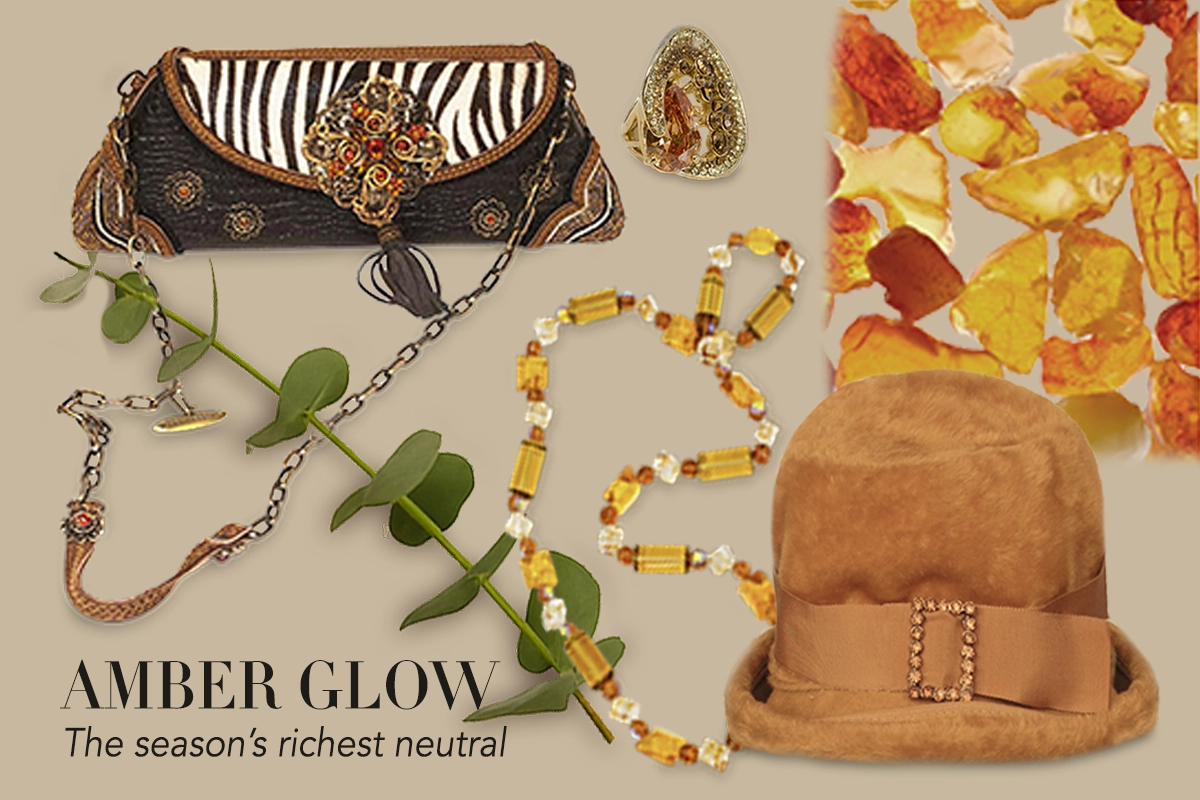 Vintage amber beaded jewelry and clutch styled with autumn foliage – Amber Glow fall flat lay