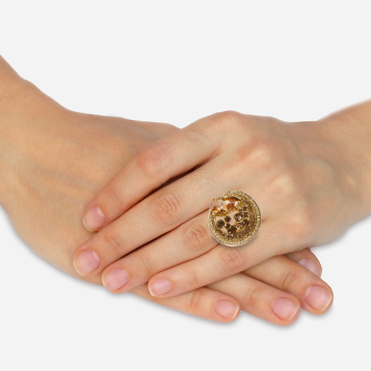 Amber crystal statement ring on model