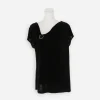 Chico’s Travelers Collection black knit top with asymmetrical neckline and silver ring detail, size 3 XL, front view