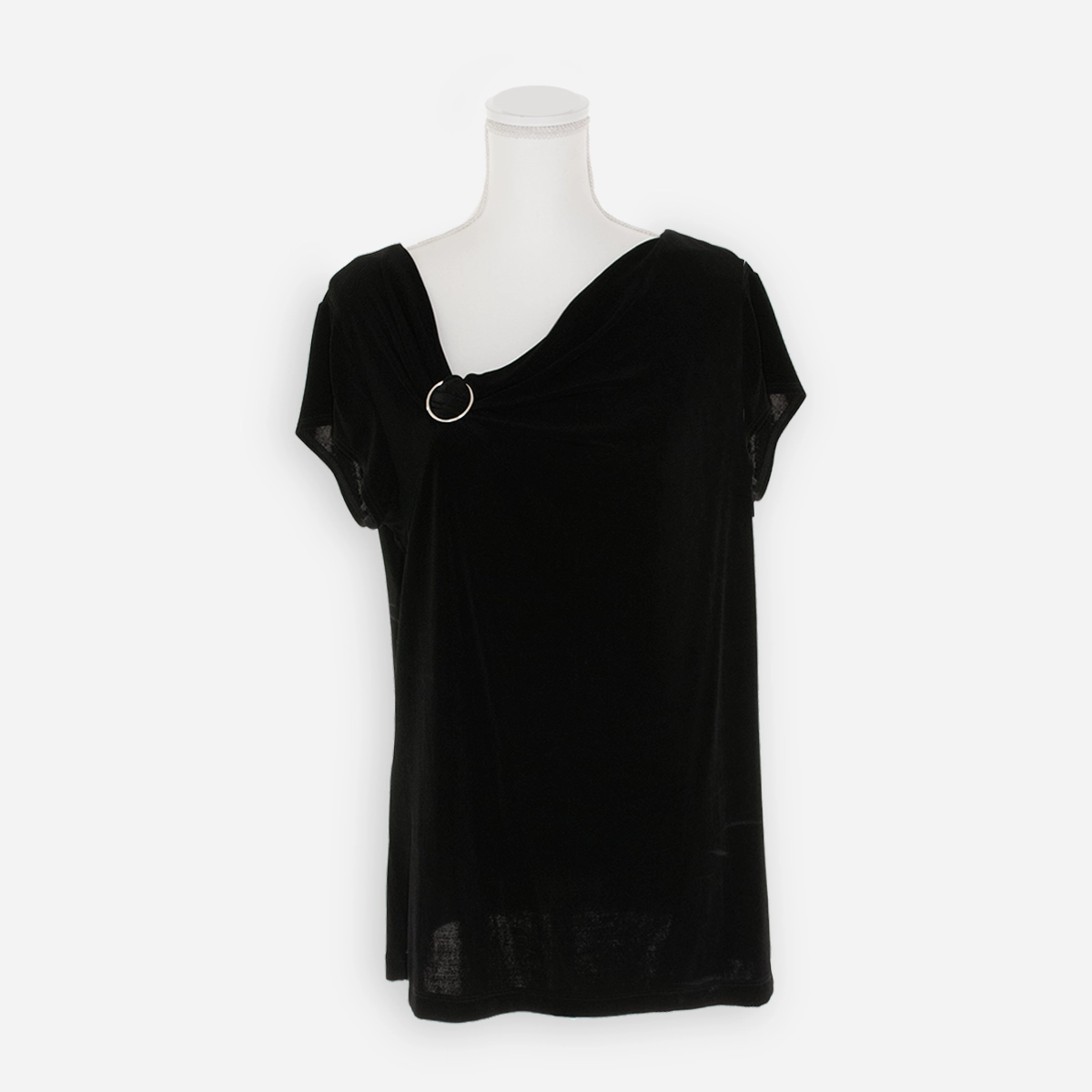 Chico’s Travelers Collection black knit top with asymmetrical neckline and silver ring detail, size 3 XL, front view