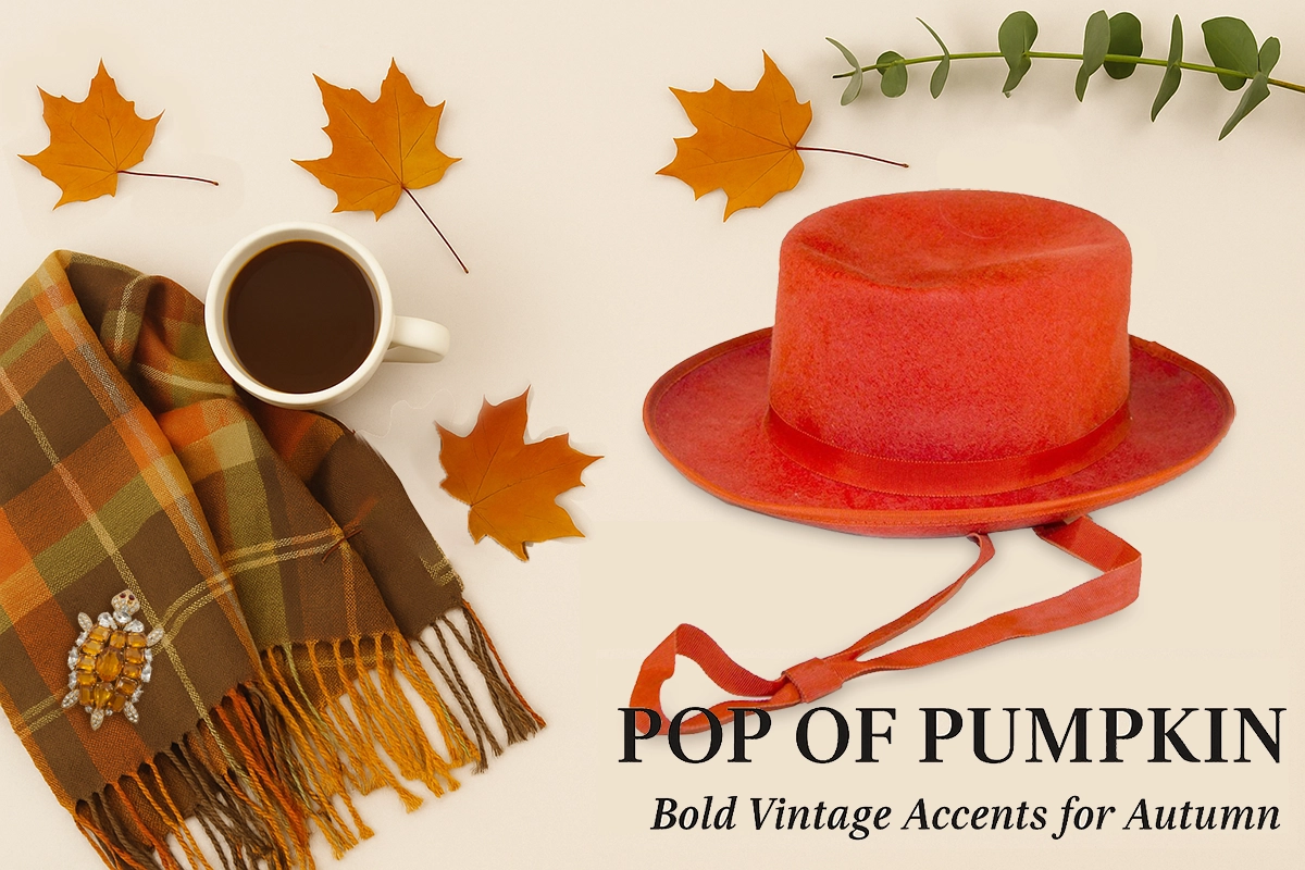 Flat lay of vintage accessories in warm autumn tones with leaves and scarf – Fall 2025 Color Trends