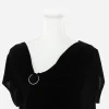 Close-up of asymmetrical neckline with silver ring detail on Chico’s Travelers black knit blouse
