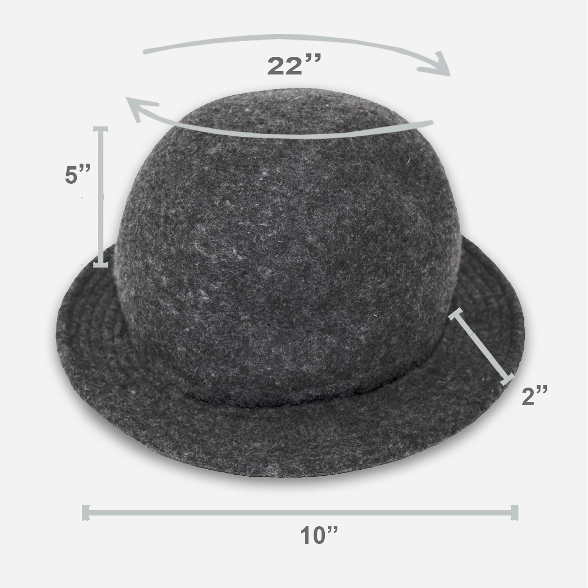 Measurement diagram of 1970s gray flannel bowler hat, 22 inch head size, 5 inch crown height, 2 inch brim, 10 inch diameter