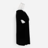 left side view of black wrinkle-free Chico’s Travelers short sleeve top with gathered neckline ring