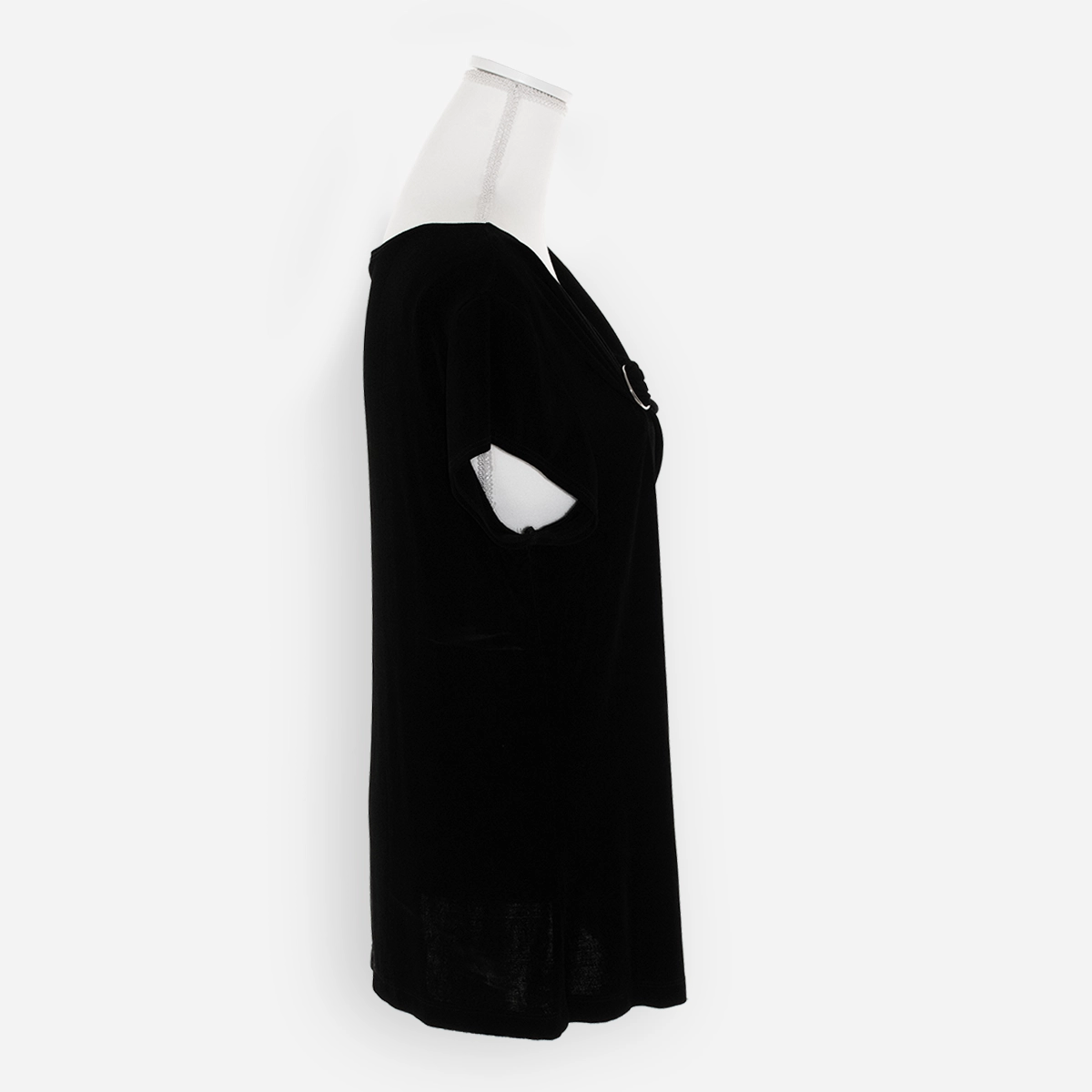 left side view of black wrinkle-free Chico’s Travelers short sleeve top with gathered neckline ring